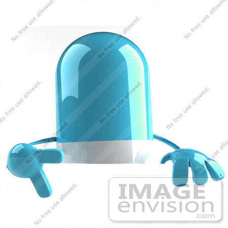 #50131 Royalty-Free (RF) Illustration Of A 3d Blue Pill Capsule Mascot Pointing Down At And Standing Behind A Blank Sign - Version 1 by Julos