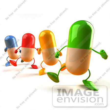 #50134 Royalty-Free (RF) Illustration Of 3d Colorful Pill Capsule Mascots Marching Forward - Version 4 by Julos