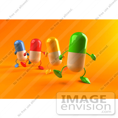 #50237 Royalty-Free (RF) Illustration Of 3d Colorful Pill Capsule Mascots Marching Forward - Version 2 by Julos