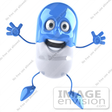 #50600 Royalty-Free (RF) Illustration Of A 3d Blue Pill Capsule Mascot Jumping by Julos