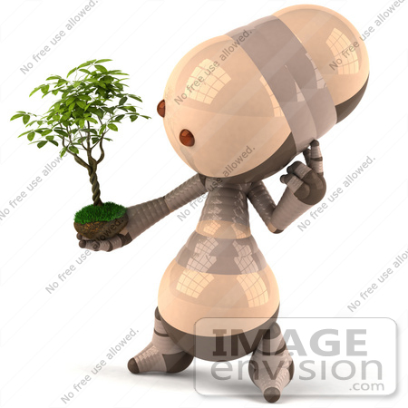 #50607 Royalty-Free (RF) Illustration Of A 3d Robot Mascot Holding A Plant - Version 3 by Julos