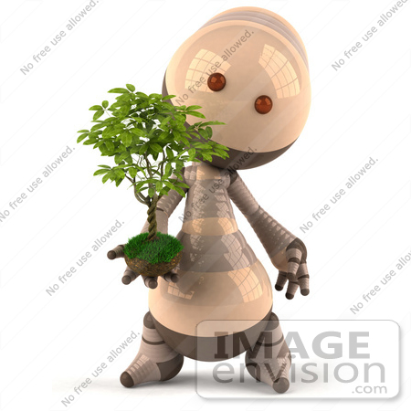 #50613 Royalty-Free (RF) Illustration Of A 3d Robot Mascot Holding A Plant - Version 2 by Julos