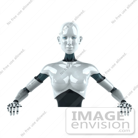 #50632 Royalty-Free (RF) Illustration Of A 3d Female Robot Mascot Standing Behind A Blank Sign by Julos