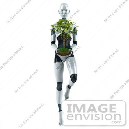 #50637 Royalty-Free (RF) Illustration Of A 3d Female Robot Mascot Carrying A Plant - Version 2 by Julos