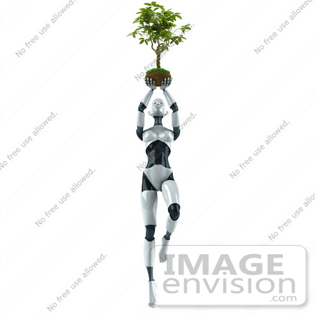 #50638 Royalty-Free (RF) Illustration Of A 3d Female Robot Mascot Holding A Plant Over Her Head by Julos