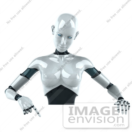 #50639 Royalty-Free (RF) Illustration Of A 3d Female Robot Mascot Pointing Down And Standing Behind A Blank Sign by Julos