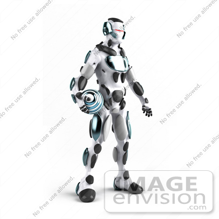 #50640 Royalty-Free (RF) Illustration Of A 3d Athletic Male Robot Mascot Standing And Holding A Blue Soccer Ball - Version 2 by Julos
