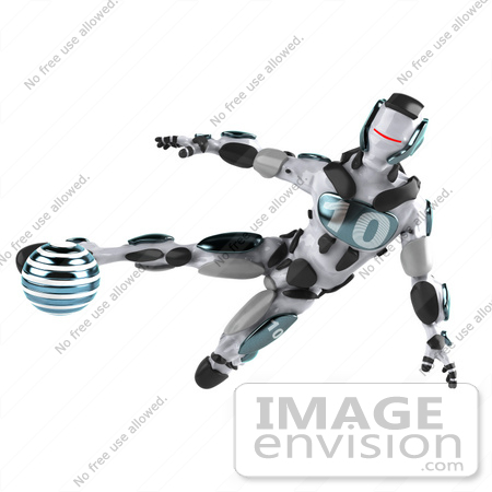 #50645 Royalty-Free (RF) Illustration Of A 3d Athletic Male Robot Mascot Kicking A Blue Soccer Ball - Version 1 by Julos