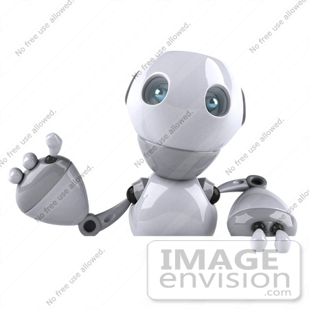 #50657 Royalty-Free (RF) Illustration Of A 3d White Robot Boy Mascot Waving Over A Blank Sign by Julos