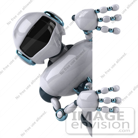 #50661 Royalty-Free (RF) Illustration Of A 3d Futuristic Robot Mascot Looking Around A Sign by Julos