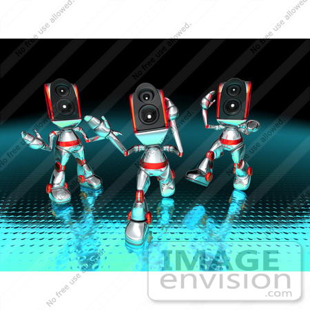 #50699 Royalty-Free (RF) Illustration Of Three 3d Futuristic Speaker Robot Mascots Dancing - Version 2 by Julos