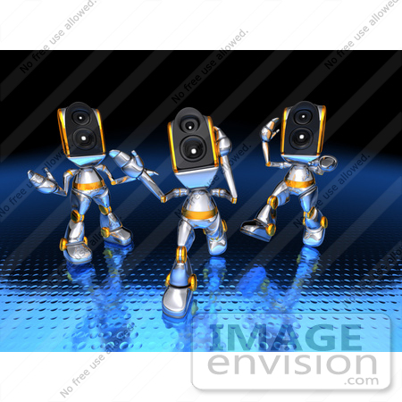 #50700 Royalty-Free (RF) Illustration Of Three 3d Futuristic Speaker Robot Mascots Dancing - Version 1 by Julos
