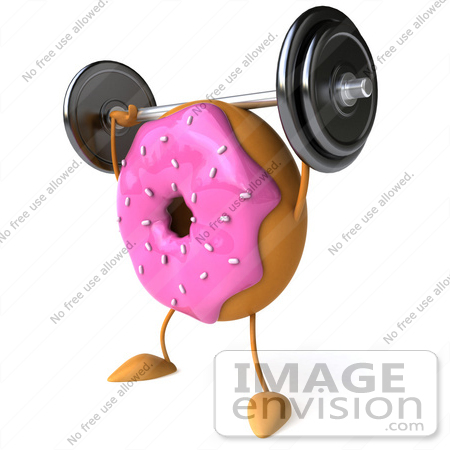 #50704 Royalty-Free (RF) Illustration Of A 3d Pink Frosted Doughnut Weightlifting by Julos