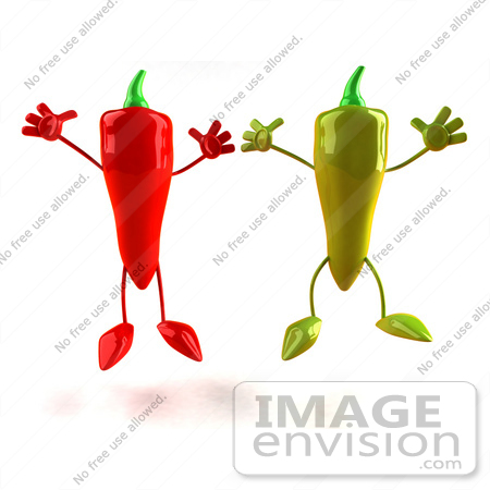 #50741 Royalty-Free (RF) Illustration Of 3d Red And Green Chili Pepper Mascots Jumping - Version 2 by Julos