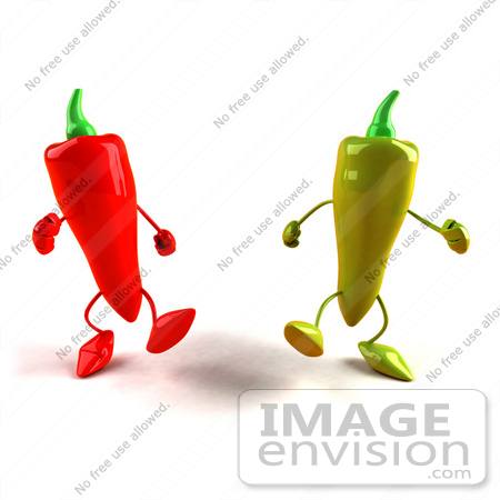 #50744 Royalty-Free (RF) Illustration Of 3d Red And Green Chili Pepper Mascots Walking Forward - Version 1 by Julos