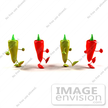 #50746 Royalty-Free (RF) Illustration Of 3d Red And Green Chili Pepper Mascots Walking Right - Version 1 by Julos