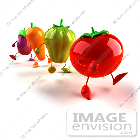 #50747 Royalty-Free (RF) Illustration Of 3d Tomato, Bell Pepper, Carrot And Eggplant Characters Marching - Version 1 by Julos
