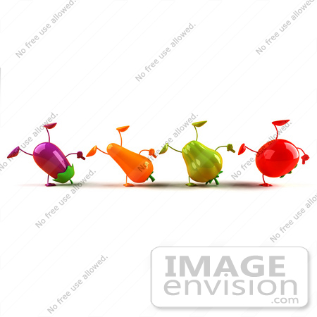 #50749 Royalty-Free (RF) Illustration Of A Line Of 3d Eggplant, Carrot, Bell Pepper And Tomato Characters Doing Cartwheels - Version 1 by Julos