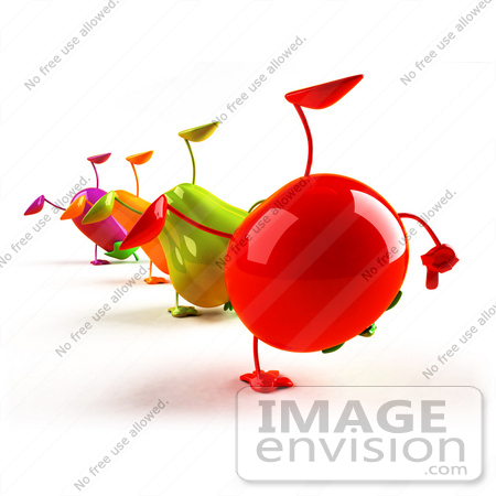 #50752 Royalty-Free (RF) Illustration Of A Line Of 3d Eggplant, Carrot, Bell Pepper And Tomato Characters Doing Cartwheels - Version 2 by Julos