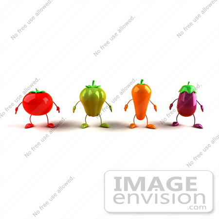 #50753 Royalty-Free (RF) Illustration Of 3d Tomato, Bell Pepper, Carrot And Eggplant Characters Facing Front - Version 1 by Julos