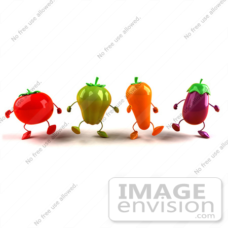 #50755 Royalty-Free (RF) Illustration Of 3d Tomato, Bell Pepper, Carrot And Eggplant Characters Marching - Version 4 by Julos