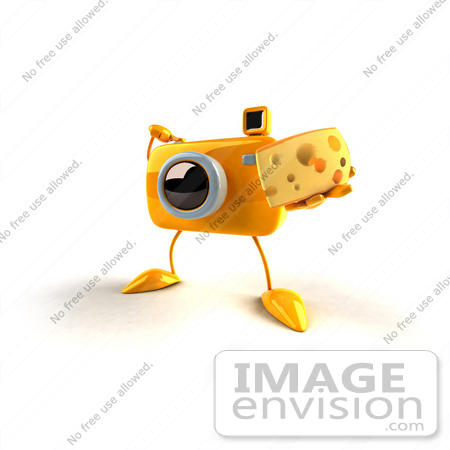 #50786 Royalty-Free (RF) Illustration Of A 3d Yellow Camera Mascot Holding A Wedge Of Cheese - Version 4 by Julos