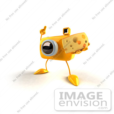 #50787 Royalty-Free (RF) Illustration Of A 3d Yellow Camera Mascot Holding A Wedge Of Cheese - Version 1 by Julos
