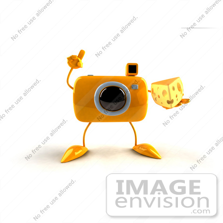 #50792 Royalty-Free (RF) Illustration Of A 3d Yellow Camera Mascot Holding A Wedge Of Cheese - Version 3 by Julos