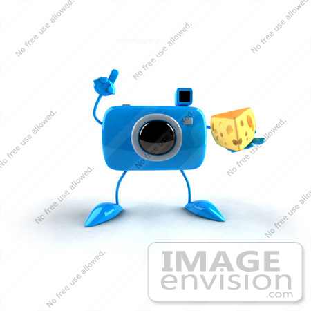 #50793 Royalty-Free (RF) Illustration Of A 3d Blue Camera Mascot Holding A Wedge Of Cheese - Version 3 by Julos