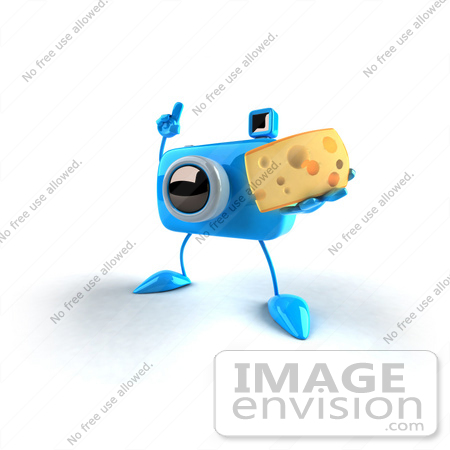 #50795 Royalty-Free (RF) Illustration Of A 3d Blue Camera Mascot Holding A Wedge Of Cheese - Version 1 by Julos