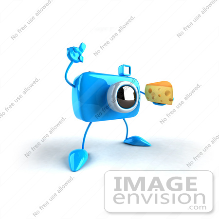 #50796 Royalty-Free (RF) Illustration Of A 3d Blue Camera Mascot Holding A Wedge Of Cheese - Version 2 by Julos