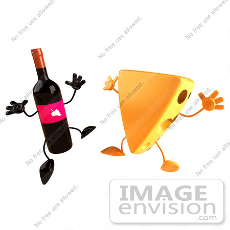 #50802 Royalty-Free (RF) Illustration Of 3d Cheese Wedge And Wine Bottle Characters Jumping - Version 2 by Julos
