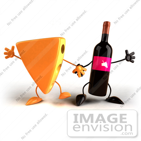 #50803 Royalty-Free (RF) Illustration Of 3d Cheese Wedge And Wine Bottle Characters Holding Hands - Version 1 by Julos