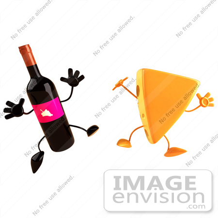 #50804 Royalty-Free (RF) Illustration Of 3d Cheese Wedge And Wine Bottle Characters Jumping - Version 1 by Julos