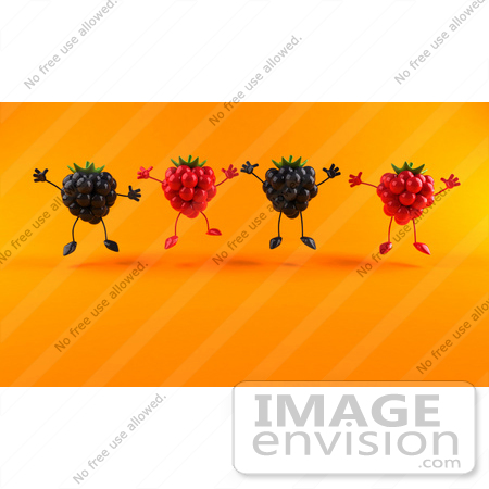 #50841 Royalty-Free (RF) Illustration Of A Group Of Jumping 3d Raspberry And Blackberry Characters - Version 2 by Julos