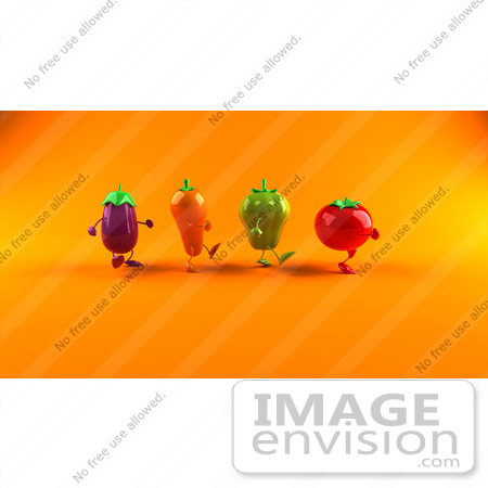 #50851 Royalty-Free (RF) Illustration Of 3d Tomato, Bell Pepper, Carrot And Eggplant Characters Marching Right - Version 2 by Julos