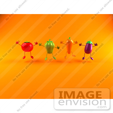 #50852 Royalty-Free (RF) Illustration Of 3d Tomato, Bell Pepper, Carrot And Eggplant Characters Jumping - Version 3 by Julos