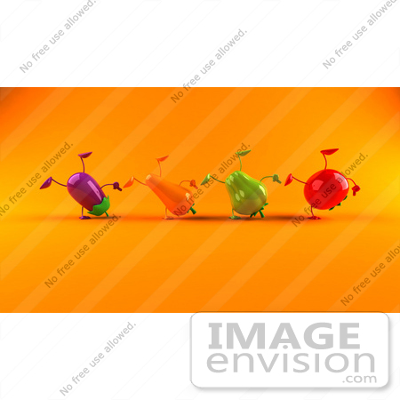 #50853 Royalty-Free (RF) Illustration Of A Line Of 3d Eggplant, Carrot, Bell Pepper And Tomato Characters Doing Cartwheels - Version 3 by Julos