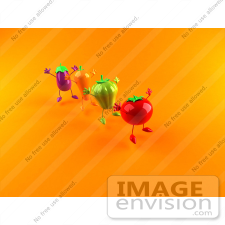 #50854 Royalty-Free (RF) Illustration Of 3d Tomato, Bell Pepper, Carrot And Eggplant Characters Jumping - Version 4 by Julos