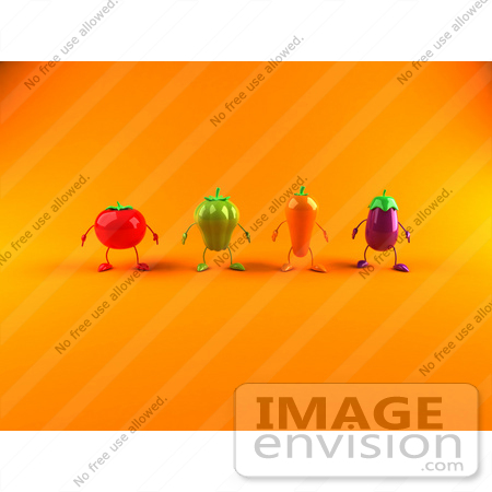 #50855 Royalty-Free (RF) Illustration Of 3d Tomato, Bell Pepper, Carrot And Eggplant Characters Facing Front - Version 2 by Julos