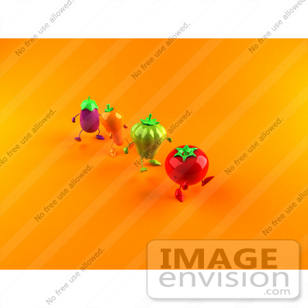 #50856 Royalty-Free (RF) Illustration Of 3d Tomato, Bell Pepper, Carrot And Eggplant Characters Marching - Version 2 by Julos
