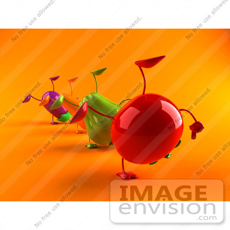 #50865 Royalty-Free (RF) Illustration of a Line Of 3d Eggplant, Carrot, Bell Pepper And Tomato Characters Doing Cartwheels - Version 4 by Julos
