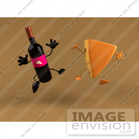 #50873 Royalty-Free (RF) Illustration Of 3d Cheese Wedge And Wine Bottle Characters Jumping - Version 1 by Julos