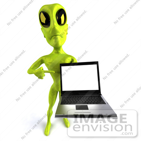 #50887 Royalty-Free (RF) Illustration Of A 3d Green Alien Mascot Presenting A Laptop - Pose 4 by Julos