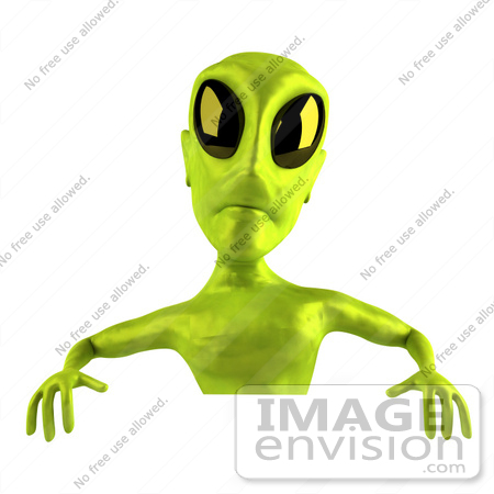 #50890 Royalty-Free (RF) Illustration Of A 3d Green Alien Mascot Standing Behind A Blank Sign by Julos
