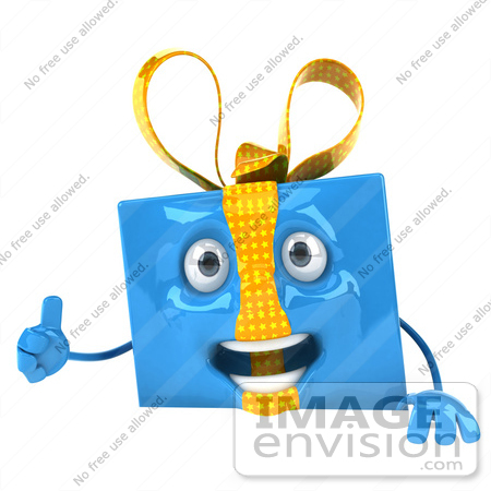 #50949 Royalty-Free (RF) Illustration Of A 3d Blue Gift Mascot Presenting A Blank Sign Board - Version 1 by Julos