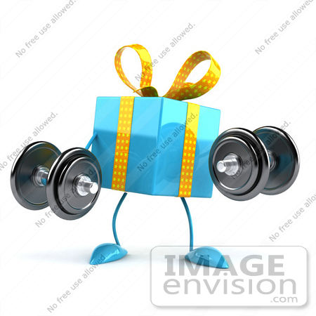 #50962 Royalty-Free (RF) Illustration Of A 3d Blue Present Character Lifting Weights by Julos