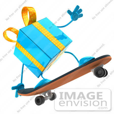 #50963 Royalty-Free (RF) Illustration Of A 3d Blue Present Character Skateboarding - Pose 1 by Julos