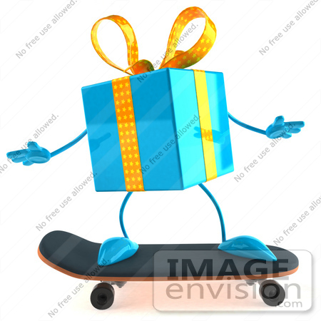 #50965 Royalty-Free (RF) Illustration Of A 3d Blue Present Character Skateboarding - Version 1 by Julos