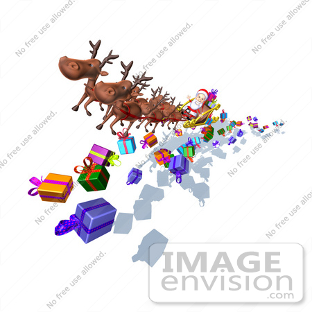 #50968 Royalty-Free (RF) Illustration Of A 3d Santa Claus And Reindeer Flying Over Gifts - Version 5 by Julos